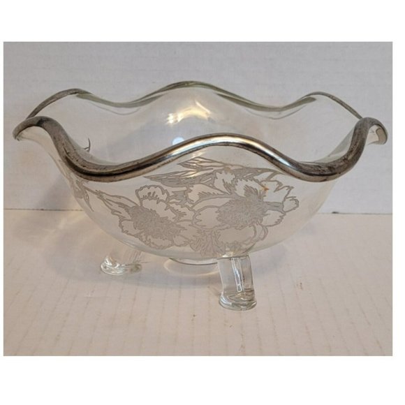 Vtg SILVER CITY Glass Co Flander Clear Ruffle Floral Overlay 3 Footed 6.5" Bowl - Picture 1 of 4